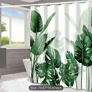 Shower curtain with hooks.